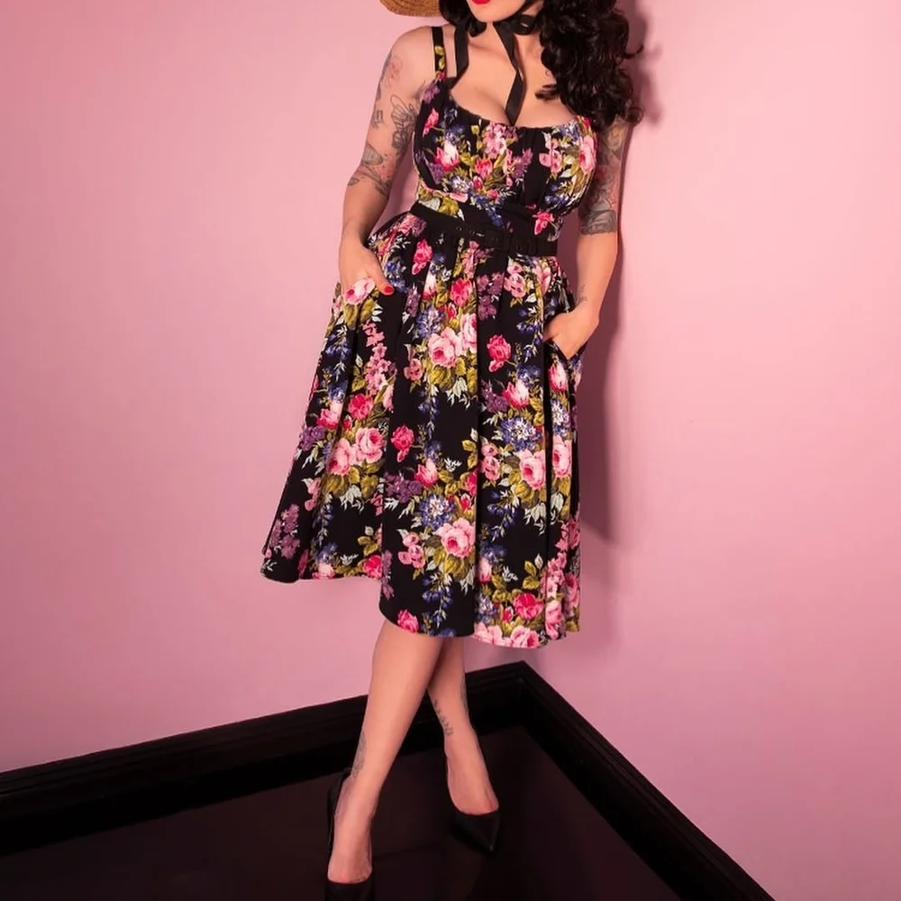 Vixen by Micheline Pitt Black Floral Midi Dress with Pink & Green Bouquet - Picture 3 of 3